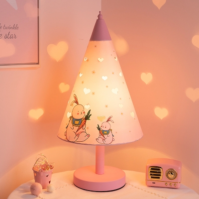 1 Bulb Rabbit Pattern Fabric Table Lamp Pastoral Pink Deep Cone Kids Bedside Nightstand Light