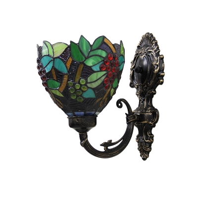 1 Head Grapevine Sconce Light Tiffany Green/Red Stained Glass Wall Mount Lighting Fixture