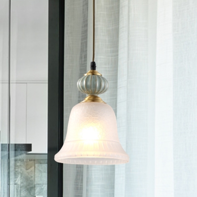 1-Head Hanging Fixture Classic Style Living Room Pendant Lamp with Bell White Glass Shade in Brass