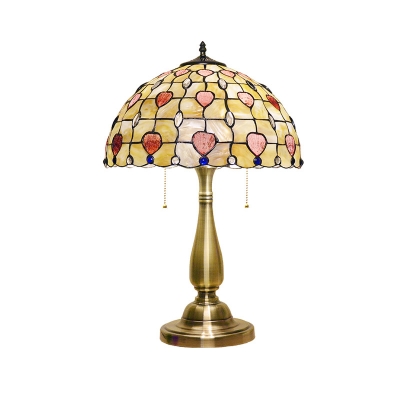 2 Heads Lattice Bowl Nightstand Light Baroque Gold Shell Heart Patterned Desk Lighting with Pull Chain