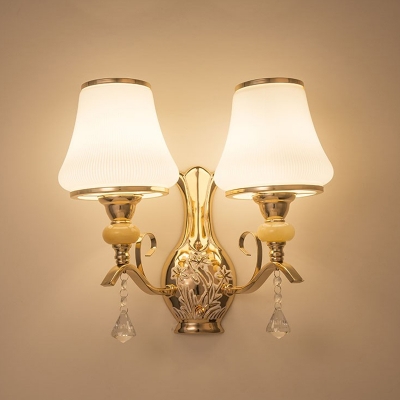 2 Heads Wall Mount Lighting Antique Porch Sconce with Flared Opal Ribbed Glass Shade in Gold