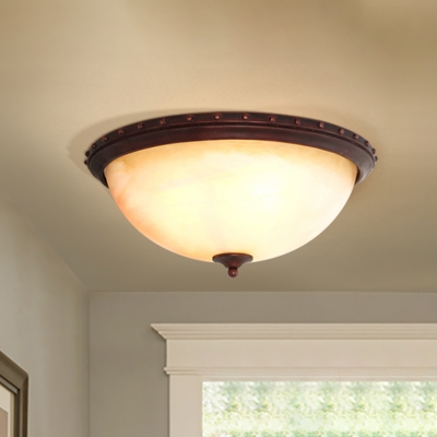 2 Lights Riveted-Edge Dome Flushmount Minimalist Brown Frosted Glass Ceiling Flush Light