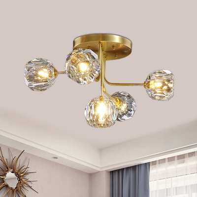 3/5-Light Crystal Block Ceiling Lamp Contemporary Gold Starburst Bedroom Semi Flush Mount