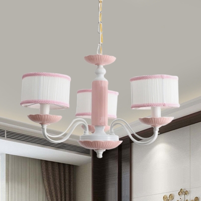 3/6 Heads Bedroom Hanging Lamp Macaron Pink/Blue Finish Ceiling Chandelier with Drum Fabric Shade