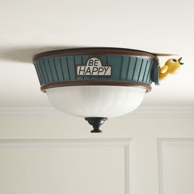 3-Bulb Child Room Ceiling Lamp Cartoon Green Flush Mount Fixture with Bowl Frosted Glass Shade