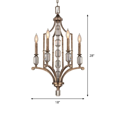 4-Head Candle Style Hanging Light Fixture Antique Rust Iron Chandelier with Crystal Accent