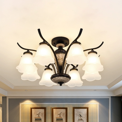 6/8 Heads Chandelier Lamp Country Living Room Ceiling Pendant with Petal Frosted Glass Shade in Black
