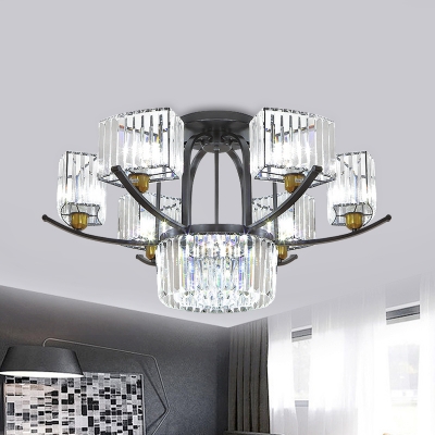 9/12-Head Crystal Semi Flush Chandelier Contemporary Black Curved Prism Bedroom Ceiling Mount Light