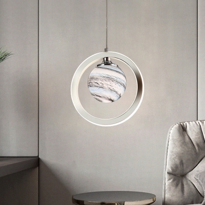 Ball Moon Glass Pendulum Light Minimalist LED Chrome Ceiling Suspension Lamp with Ring