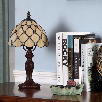 Beaded Nightstand Lighting 1-Head Beige Glass Tiffany Style Night Table Light with Dark Wood Resin Base