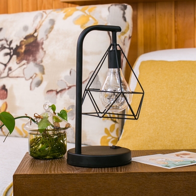 Bedroom LED Nightstand Light Modern Black Table Lamp with Diamond Iron Cage in Warm Light/Fourth Gear