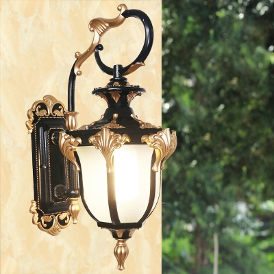 Black and Gold Wall Mount Lighting Farmhouse Aluminum 1 Light Outdoor Wall Lamp with Urn Opal Glass Shade