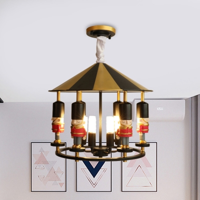 Blue/Black Soldier Chandelier Lamp Cartoon 5 Heads Resin Hanging Light Fixture for Kids Bedroom