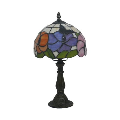 Bowl Shape Table Lamp Baroque Style Cut Glass 1-Light Bronze Night Lighting with Butterfly and Floral Pattern