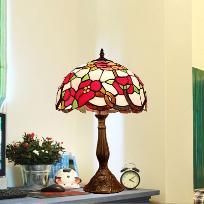Bronze Domed Night Table Lamp Tiffany Style 1 Light Cut Glass Nightstand Light with Floral Pattern