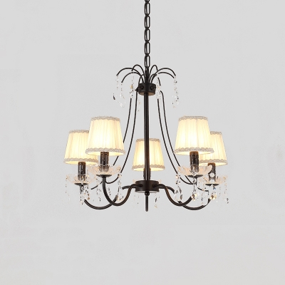 Candle-Style Ceiling Chandelier Country Metallic 5-Head Black Hanging Pendant with Barrel Pleated Fabric Shade