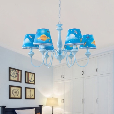 Cartoon 5/6-Head Chandelier Blue Planet Patterned Cone Shape Drop Lamp with Fabric Shade