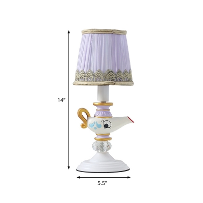 Cartoon Kettle Night Lamp Resin 1 Head Kids Bedroom Table Lighting with Pleated Fabric Lampshade in White