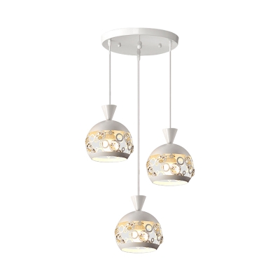 Contemporary Etched Dome Multi Light Crystal Pendant Metal 3 Bulbs Dining Room Suspension Lamp in White