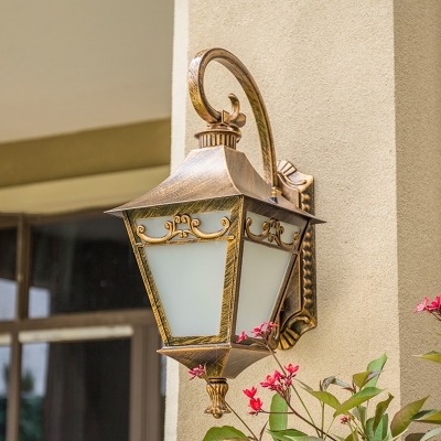 Country Lantern Wall Mounted Light 1 Light White Glass Sconce Lamp in Bronze with Curved Arm