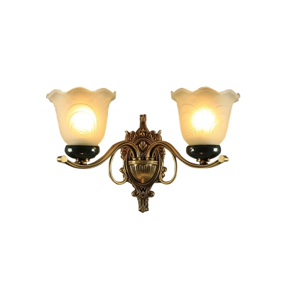 Country Scalloped Wall Lighting Fixture 1 Head Frosted Glass Wall Lamp in Brass with Carved Backplate