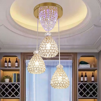 Crystal-Encrusted Gold Cluster Pendant Teardrop 3 Bulbs Modern Stylish Hanging Light Kit