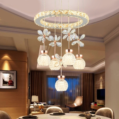 Crystal Floral Cluster Pendant Contemporary Dining Room LED Hanging Lamp with Dome Shade and Ring Top in Chrome