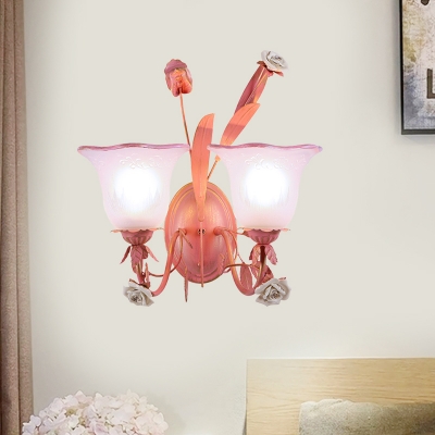 Curving Bedroom Wall Sconce Pastoral Opal Glass 1/2-Head Pink Up/Down Light with Ceramic Rose Decor