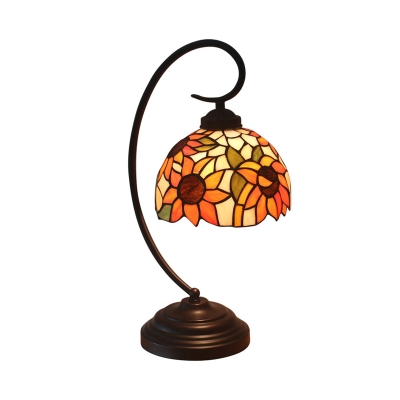 Curvy Arm Metal Night Table Lamp Tiffany 1 Light Dark Coffee Sunflower Patterned Desk Light with Bowl Cut Glass Shade