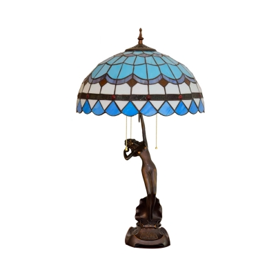 Cut Glass Beige/Blue and White Table Lamp 3-Light Mediterranean Naked Woman Nightstand Light with Pull Chain