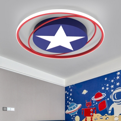 Dark Blue Ring Ceiling Fixture Kids LED Iron Flush Mount Lighting with Star Pattern
