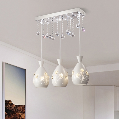 Dome Multi Pendant Modern Metal 3 Heads Dining Room Floral Patterned Ceiling Hang Fixture in White with Crystal Orb