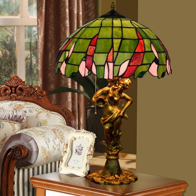 Dome Night Lighting 3-Light Stained Art Glass Victorian Pull Chain Nightstand Lamp in Bronze with Woman Base