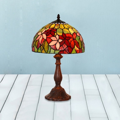 Dome Night Table Lighting Victorian Stained Art Glass 1-Bulb Bronze Desk Light with Blossom Pattern