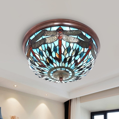 Dragonfly LED Ceiling Fixture Tiffany Style Blue/Red Cut Glass Flush Mount Lamp with Gem-Like Cabochons