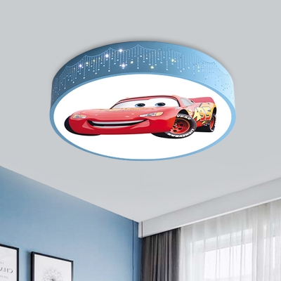 Drum Ceiling Fixture Cartoon Acrylic Blue LED Flush Mount Lighting with Car Pattern