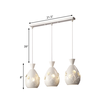 Elongated Cluster Pendant Light Minimal Metallic 3-Light White Finish Crystal Ceiling Hang Fixture