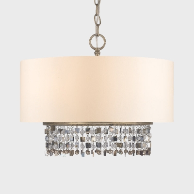 Fabric White Ceiling Pendant Lamp Drum 5-Head Countryside Chandelier with Crystal Fringe
