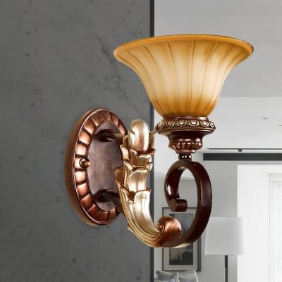 Flared Bedroom Wall Sconce Classic Style Frosted Ribbed Glass 1 Light Bronze Finish Wall Mount Lamp with Round Resin Backplate