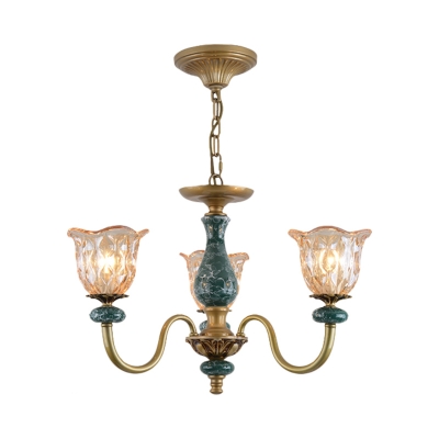Flower Tan Dimpled Glass Pendant Chandelier Classic 3/5/6 Lights Dining Room Hanging Ceiling Light with Swooping Arm