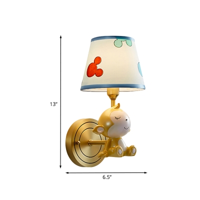 Gold Monkey Wall Mount Lamp Cartoon 1-Bulb Resin Wall Sconce with Blue Fabric Shade