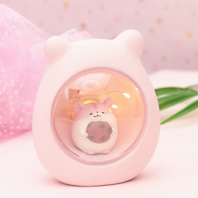 Guinea Pig in Cabin Resin Table Lamp Cartoon Grey/Yellow/Light Pink LED Nightstand Light for Kid Room