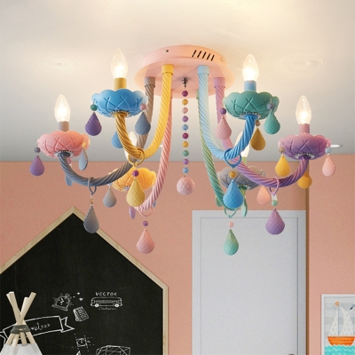 Iron Candelabra Flush Chandelier Macaron 5/6 Heads Multi-Color Semi Mount Lighting with Stained Glass Drop