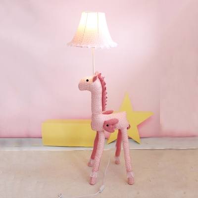 Kids 1-Light Standing Lamp Pink Flared Floor Light with Fabric Shade and Horse Base