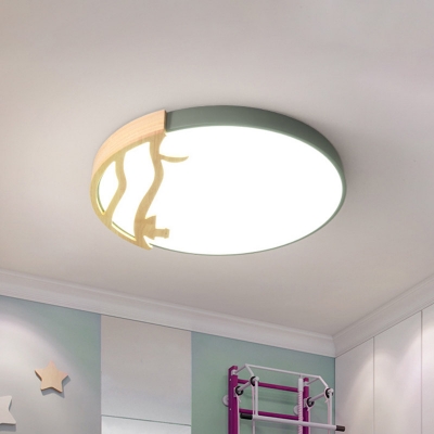 Kids Ring Acrylic Flushmount LED Ceiling Flush Mount Light in Grey/White/Green with Wooden Decor
