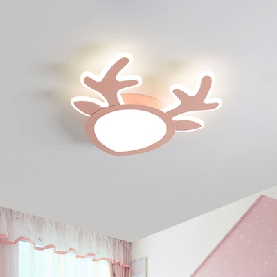 Kids Style Elk Head Flushmount Light Acrylic Baby Room LED Ceiling Flush Light in Blue/Pink