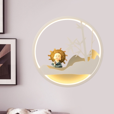 Kids Style LED Wall Light White Girl/Sleeping Bear/Monk Circular Sconce Lighting with Acrylic Shade