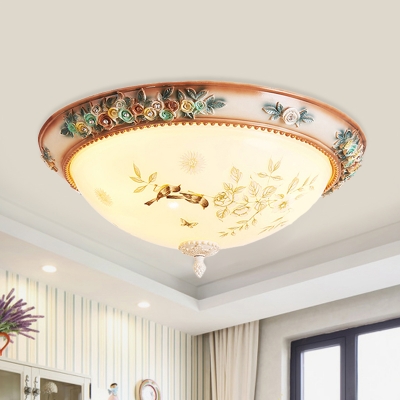 Korean Garden Dome Flush Light 3/4 Bulbs White Glass Ceiling Lamp with Flower and Bird Pattern