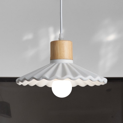 Macaron 1 Bulb Pendant Light Yellow/Grey/Blue Scalloped Mini Suspension Lamp with Resin Shade and Wood Top
