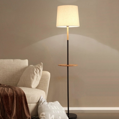Minimalistic Bucket Fabric Floor Lamp 1 Head Reading Floor Light in Flaxen with Wood Tray